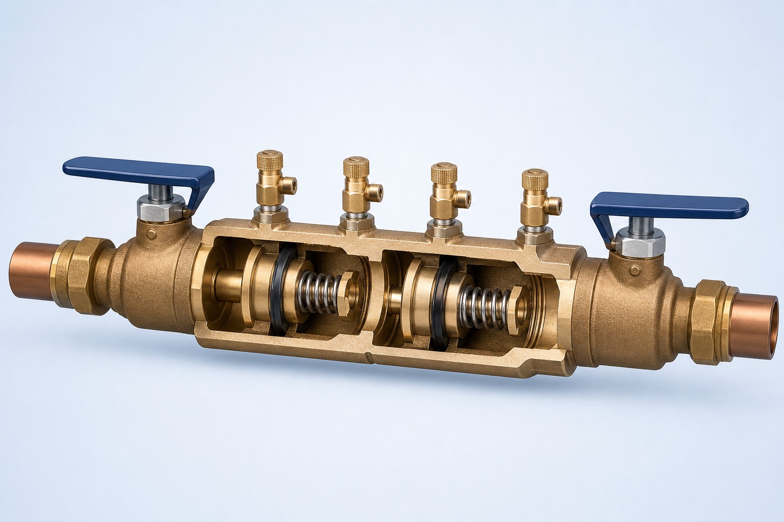 Double-check backflow assembly cutaway with 2 spring-loaded checks