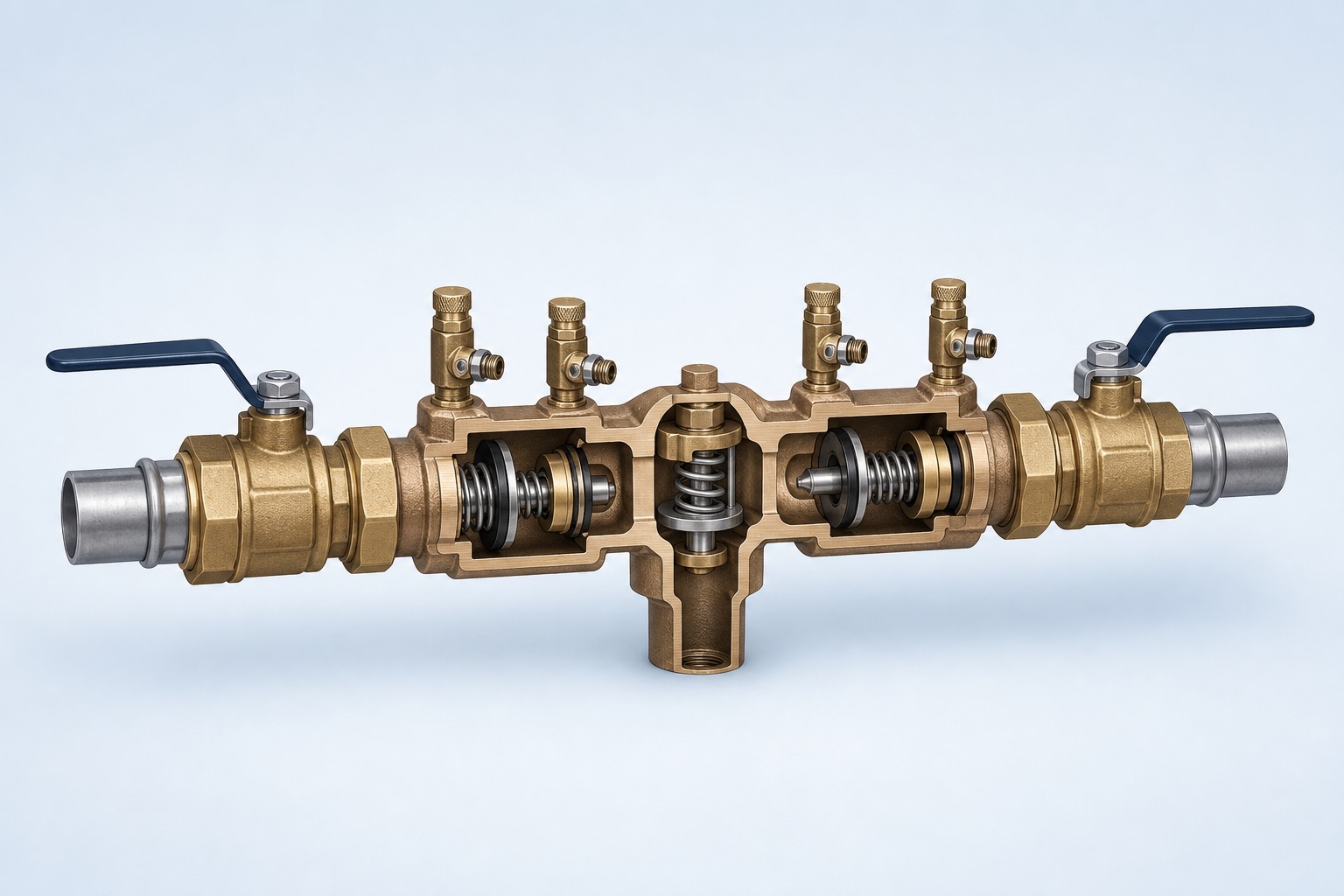 RPZ cutaway with 2 checks, central relief valve, and downward discharge