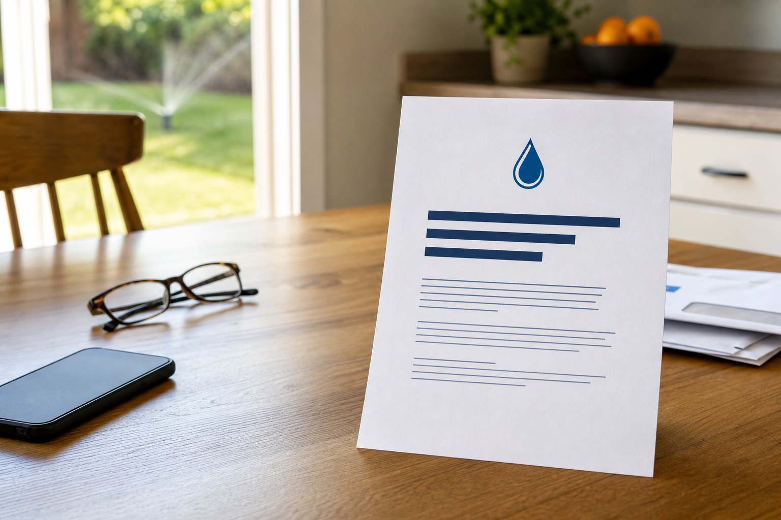 Generic backflow testing notice on a kitchen table without a real city seal or name