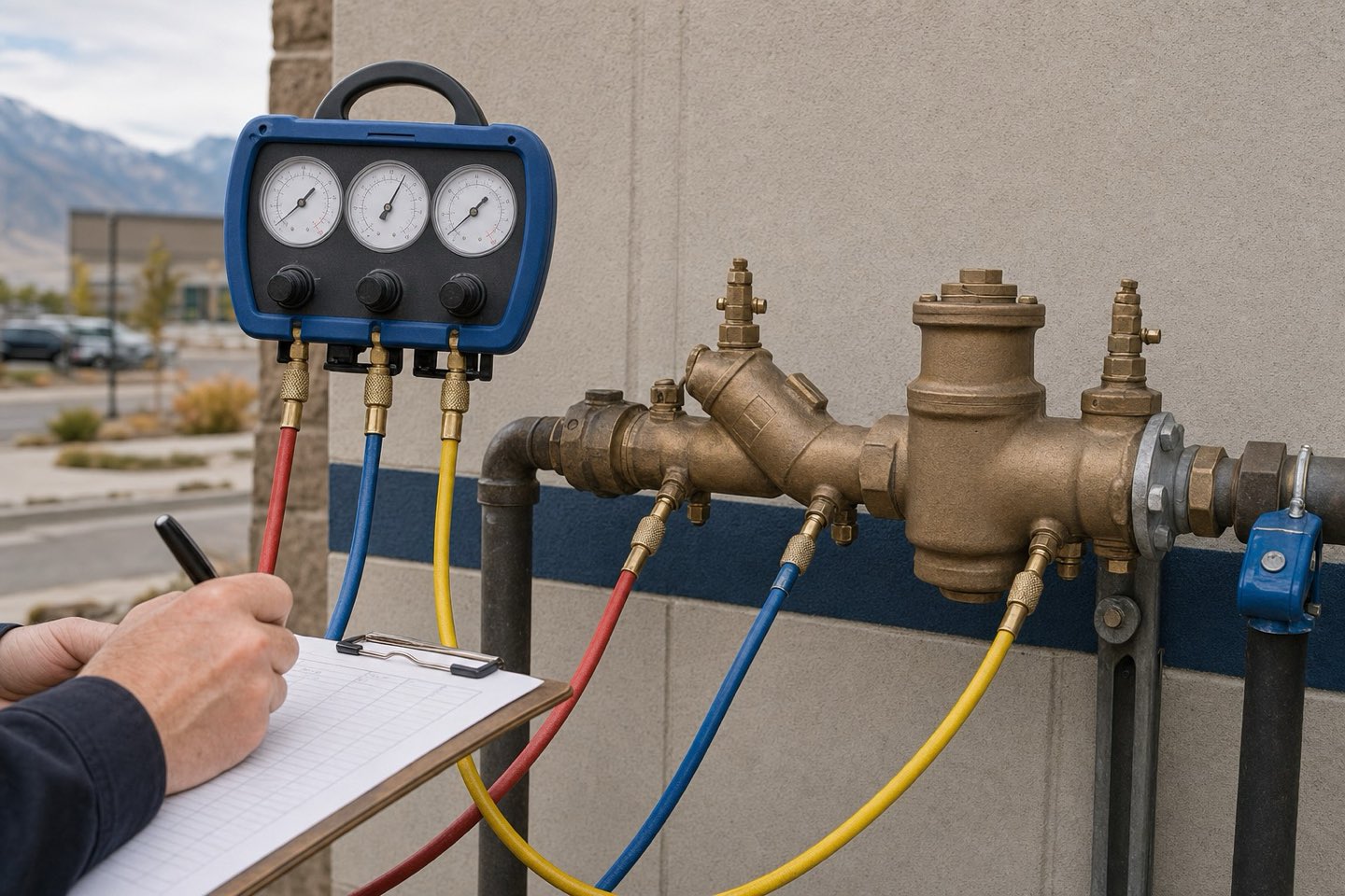 Calibrated test kit connected to a backflow assembly with 3 colored hoses