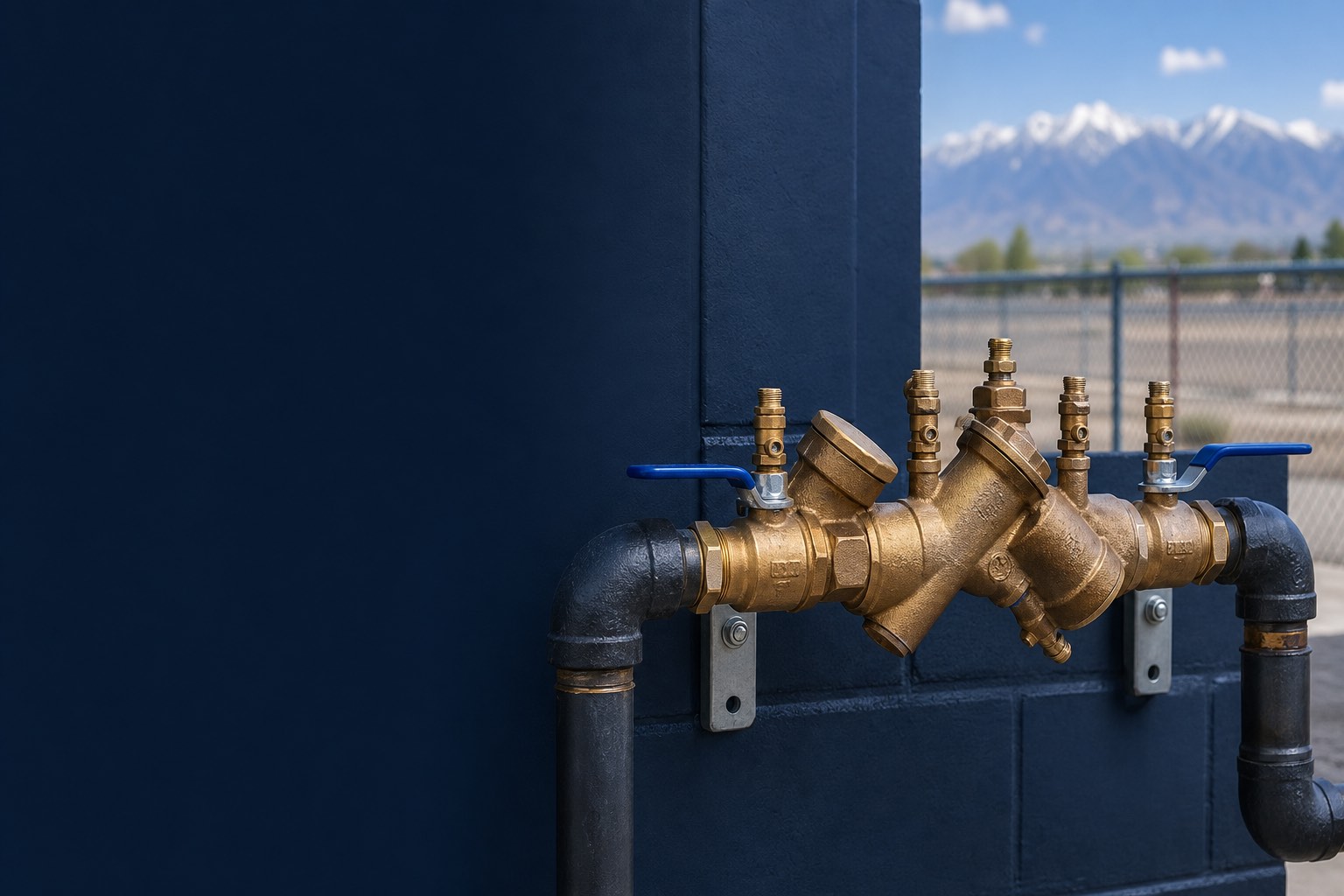 Backflow prevention assembly with the Wasatch Mountains beyond