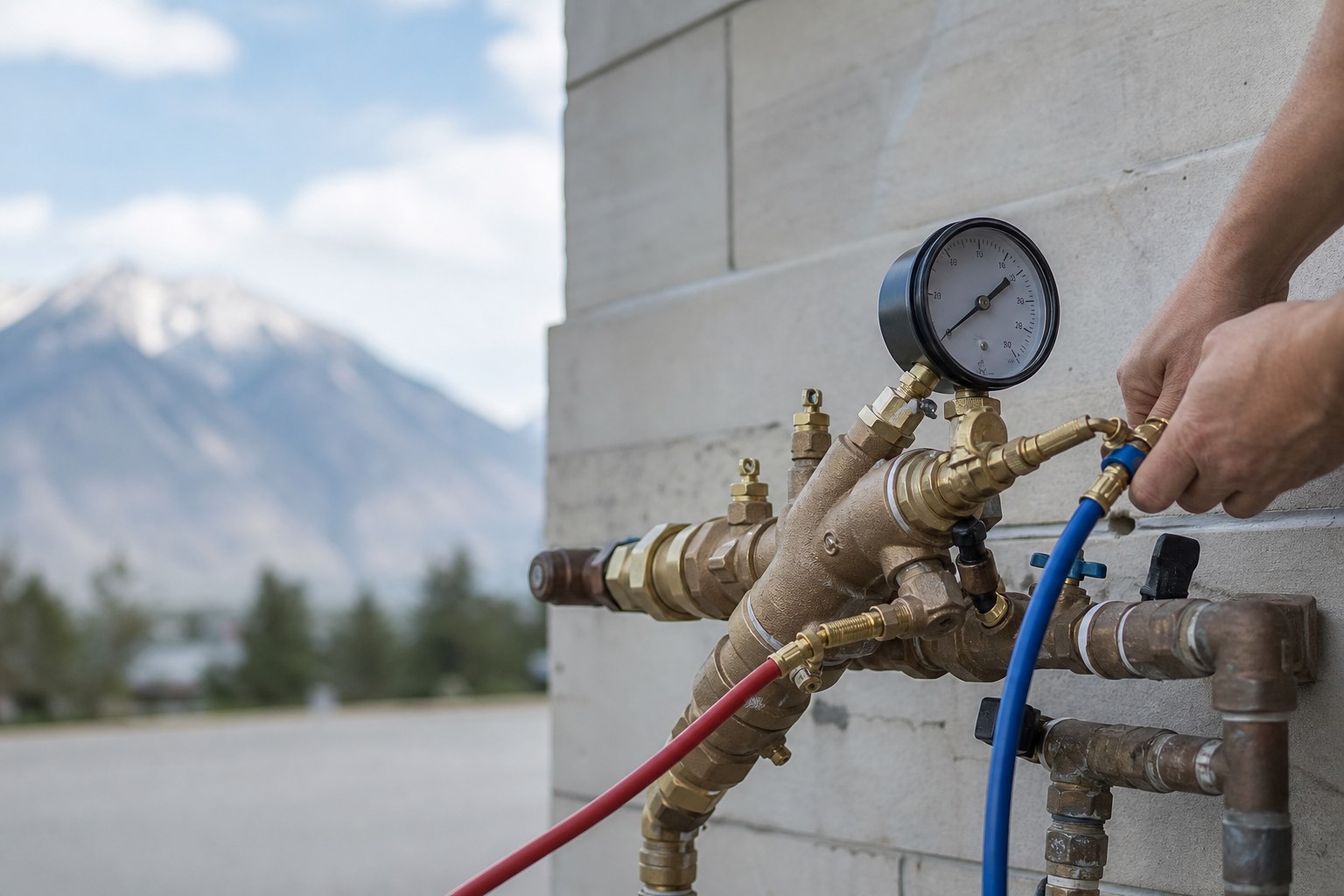 Backflow prevention assembly with the Wasatch Mountains beyond
