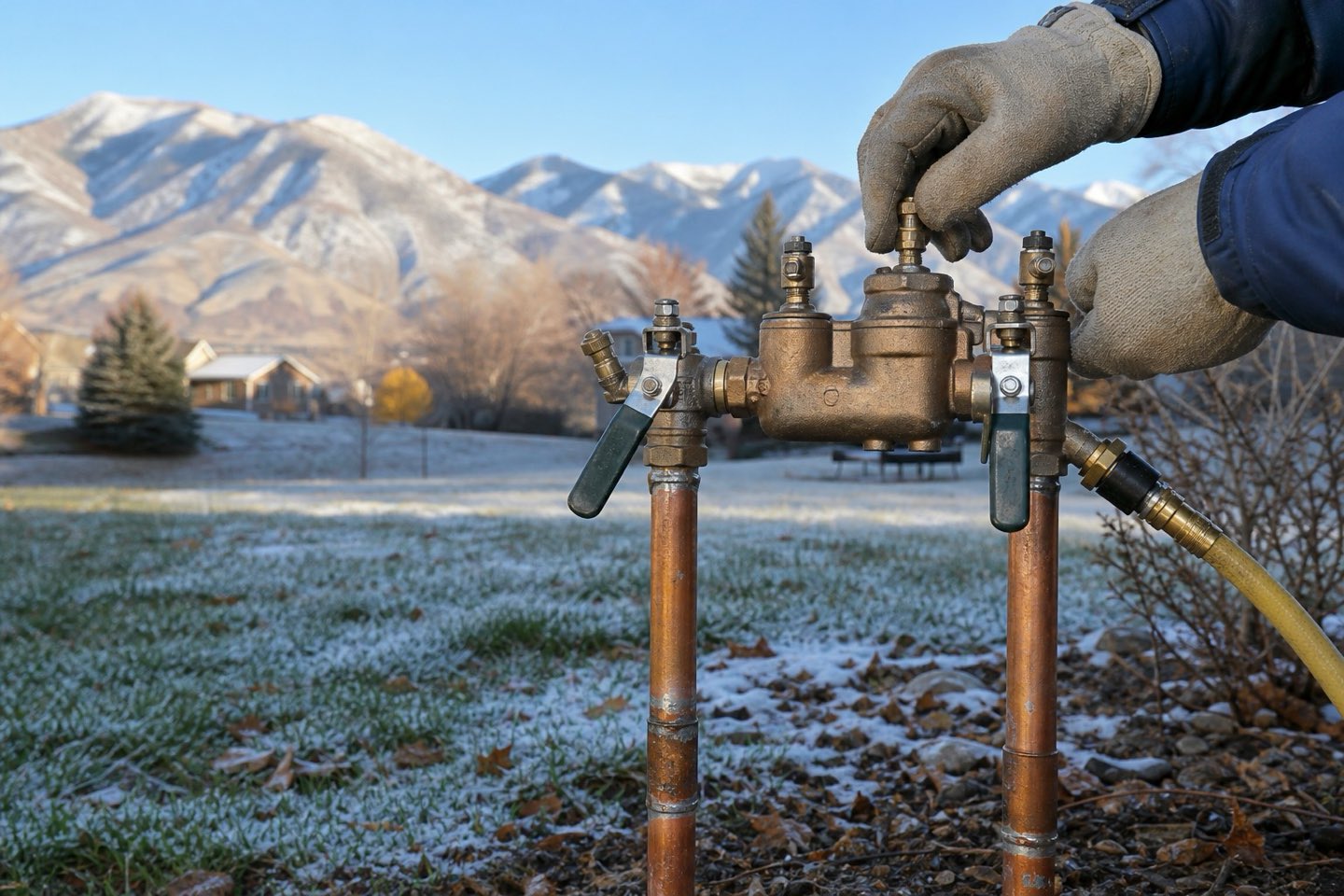 Gloved hands preparing an irrigation backflow assembly for a Utah freeze