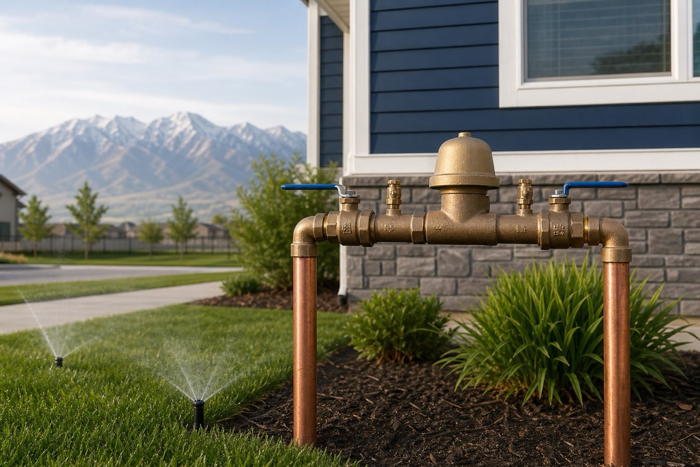 Residential pressure vacuum breaker above sprinkler heads with the Wasatch Mountains in the distance
